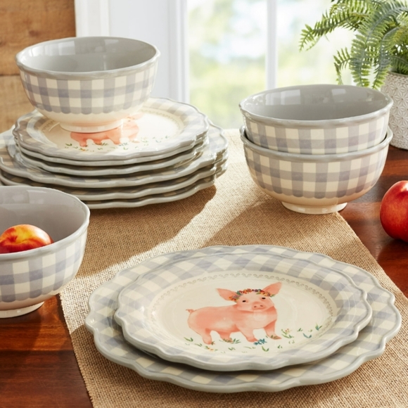❤️ New Pioneer Woman Gingham Grey 12-Piece Dinnerware Set